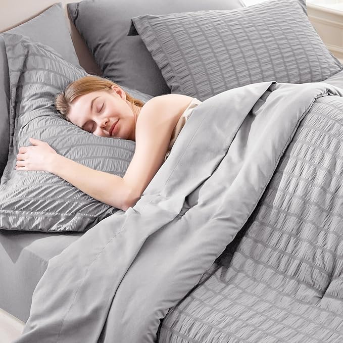 CozyLux King Size Comforter Set Grey Seersucker 7 Pieces Bed in a Bag King Comforter Set with Sheets, Gray Luxury Bedding Set with Down Alternative Comforter, Sheets, Pillowcases & Shams All Seasons