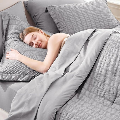 CozyLux Queen Comforter Set Grey Seersucker 7 Pieces Bed in a Bag Queen Comforter Set with Sheets, Gray Luxury Soft Bedding Set with Down Alternative Comforter, Sheets, Pillowcases & Shams All Seasons