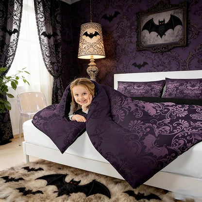 Erosebridal Gothic Damask 7 Piece Comforter Set Full Bed in a Bag,Halloween Bat Bedding Sets Purple Victorian Floral Goth Sheet Set with Comforter