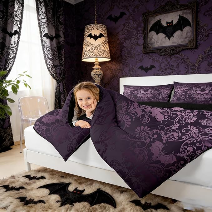 Erosebridal Gothic Damask Bed in a Bag King Size Comforter Set 7 Pieces,Halloween Bat Bedding Sets Purple Victorian Floral Goth Sheet Set with Comforter