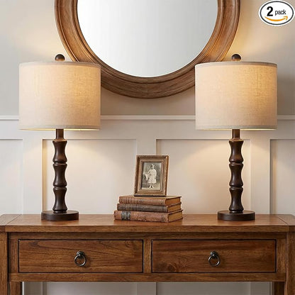 BOBOMOMO 20.5" Classic Table Lamps Set of 2, Farmhouse Nightstand Lamps with Dark Wood Grain Resin Base & Linen Shade, Small Bedside Lamps for Bedroom, Living Room, Home Office & Cozy Apartment Décor