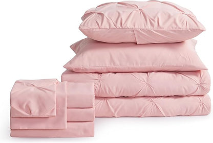 Bedsure Twin Comforter Set Pink for Women - Bed in a Bag Twin Size Bedding 5 Pieces, GentleSoft™ Pintuck Bed Set Gift for Family, Pinch Pleat Pink Comforter with Sheets, Pillowcase & Sham