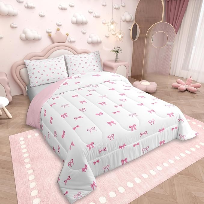 Erosebridal Bow Bedding Set Twin Size, Girls Pink Bow Comforter Set for Kids Women Ultra Soft Cute Bowknot Comforter Kawaii Room Decor Duvet Set Coquette Princess Bowtie Quilt