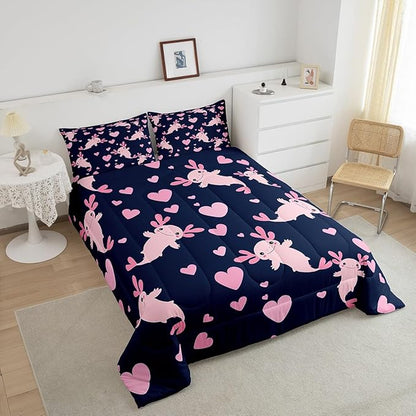 Feelyou Axolotl Comforter Set Full Size Heart Comforter for Boys Girls Teens Cute Axolotl Bedding Set Cartoon Salamander Duvet Set Room Decor Navy Blue Pink Quilt Set