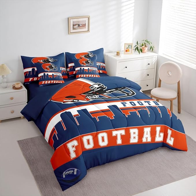Erosebridal Football City 7 Pcs Comforter Set Twin Football Bedding for Boys Girls Blue Orange Rugby Game Sheet Set Bed in A Bag Football Fans Bedroom Decor Sports Ball Team Bed Set