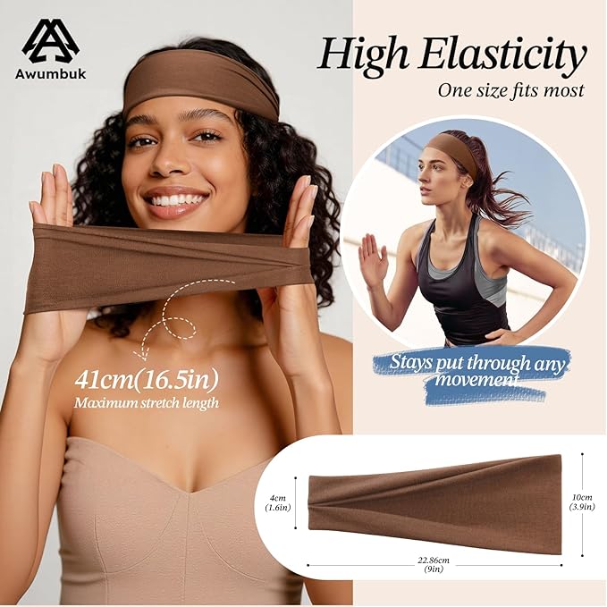 Headbands for Women, 8 Pack Non-Slip Moisture Wicking Sports Wide Head Bands, Stretchy Elastic Fabric, Multiple Colors Securing Hair for Fashion, Sports, Yoga, Running, Daily Life