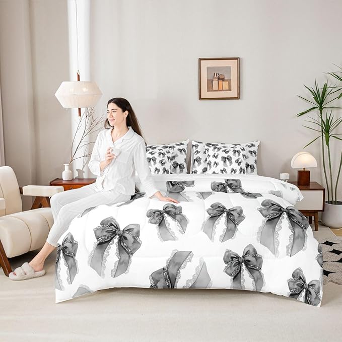 Erosebridal Bowknot Girls Kawaii Black 7 Piece Bedding Set Twin | Dreamy Comforter Set with Sheets Cute Bow Bed in A Bag Lace Princess Bed Sets