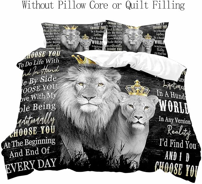 VIVIHOME 3PCS Lion Queen & Lion King Bedding, Black Duvet Cover, African Safari Wild Animal Comforter Quilt Cover, Bedroom Decor for Couples Gifts, Romantic Gifts for Him, I Choose You, 2 Pillowcases