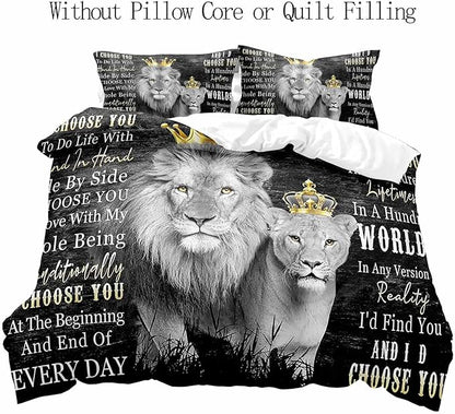 VIVIHOME 3PCS Noble Lion King & Queen Bedding, Black Duvet Cover, African Safari Wild Animal Comforter Quilt Cover, Bedroom Decor for Couples Gifts, Romantic Gifts for Him, I Choose You, 2 Pillowcases