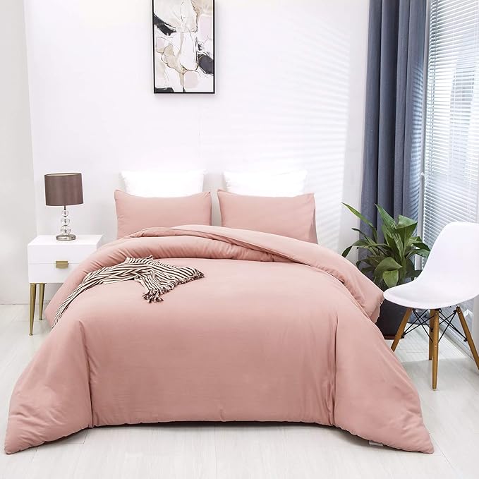 Pureant Bean Pink Comforter Sets Twin Size Women Girls Blush Pink Bed Comforter Solid Color Cotton Bedding Quilts Soft Plain Light Pink Twin Blanket Comforters Muave Breathable Comforter