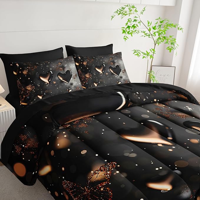 7 Piece Black Heart Comforter Set Queen，Queen Size Heart Bedding Set，Heart Themed Bedroom Decor，(1 Comforter, 1 Flat Sheet, 1 Fitted Sheet, 2 Pillowcase and 2 Pillow Sham)