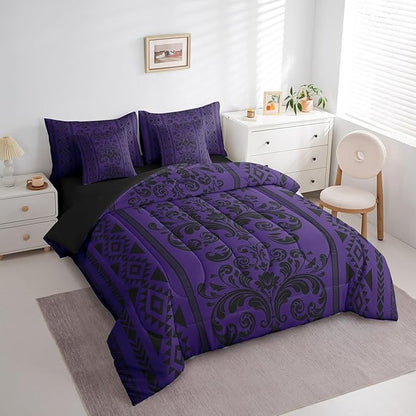 Comforter Set King Size, Indigo Damask Aztec 7 Pcs Bedding for Kids and Adults, Antique Decor Western Baroque Gothic Bed Sheet Sets with Fitted Sheet 2 Pillowcases & 2 Shams for Bedroom Bed Decor