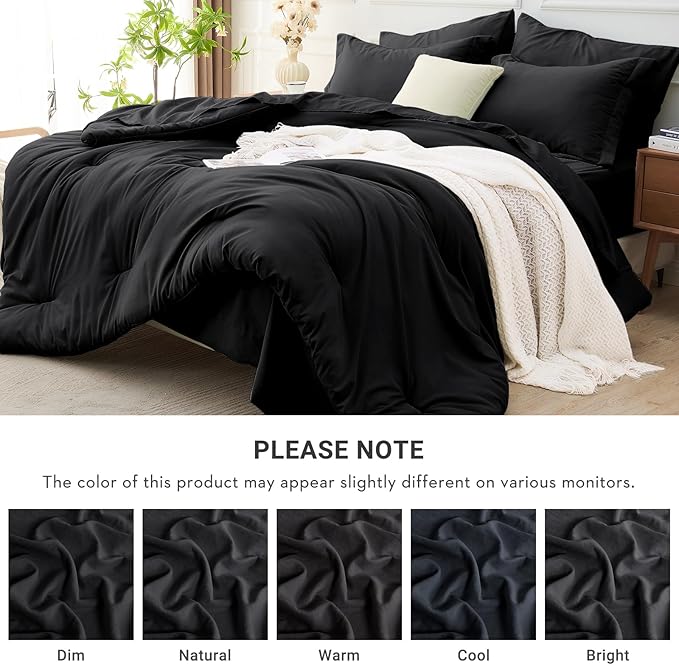 MUXHOMO 7 Pieces Queen Comforter Set, Soft Bed in a Bag Queen Size, All Season Bedding Set with Comforter, Flat Sheet, Fitted Sheet, Pillowcases & Shams, Black