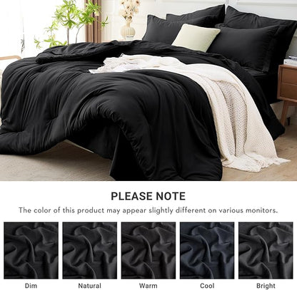 MUXHOMO 7 Pieces Queen Comforter Set, Soft Bed in a Bag Queen Size, All Season Bedding Set with Comforter, Flat Sheet, Fitted Sheet, Pillowcases & Shams, Black