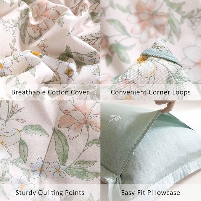 Faded Blush Floral Cotton Comforter Queen Size - 3PC Lightweight Bedding Sets with Soft Alternative Fill, Vintage-Inspired Delicate Botanical Patterns, Muted Sage Reversible Design