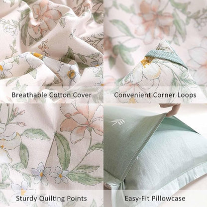 Faded Blush Floral Cotton Comforter Queen Size - 3PC Lightweight Bedding Sets with Soft Alternative Fill, Vintage-Inspired Delicate Botanical Patterns, Muted Sage Reversible Design