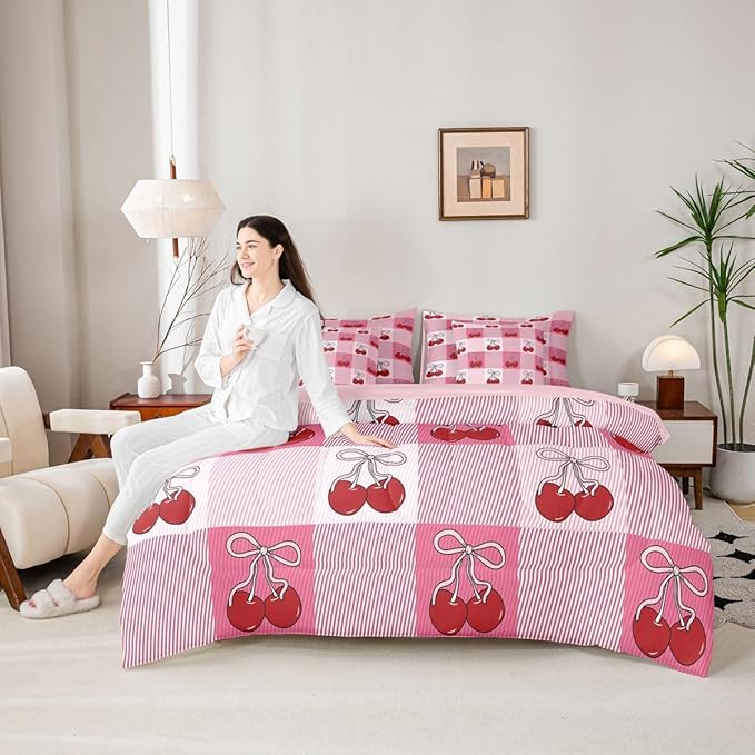 Feelyou Cherry Prints Comforter Set King Size 7 Pieces Pink Bow Bedding Set for Kids Boys Girls Buffalo Check Bed in a Bag with Comforter, Sheets, Pillowcases, Cushion Covers Cute Fruit Bedroom Decor