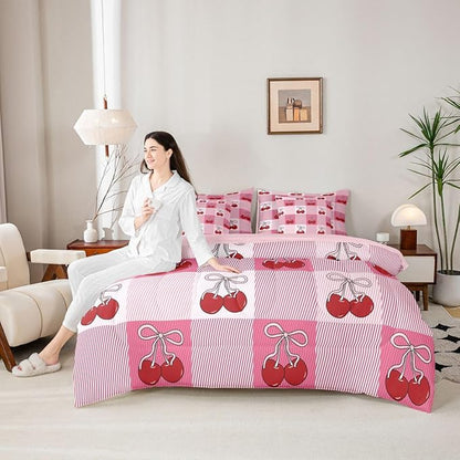 Feelyou Cherry Prints Comforter Set Full Size 7 Pieces Pink Bow Bedding Set for Kids Boys Girls Buffalo Check Bed in a Bag with Comforter, Sheets, Pillowcases, Cushion Covers Cute Fruit Bedroom Decor