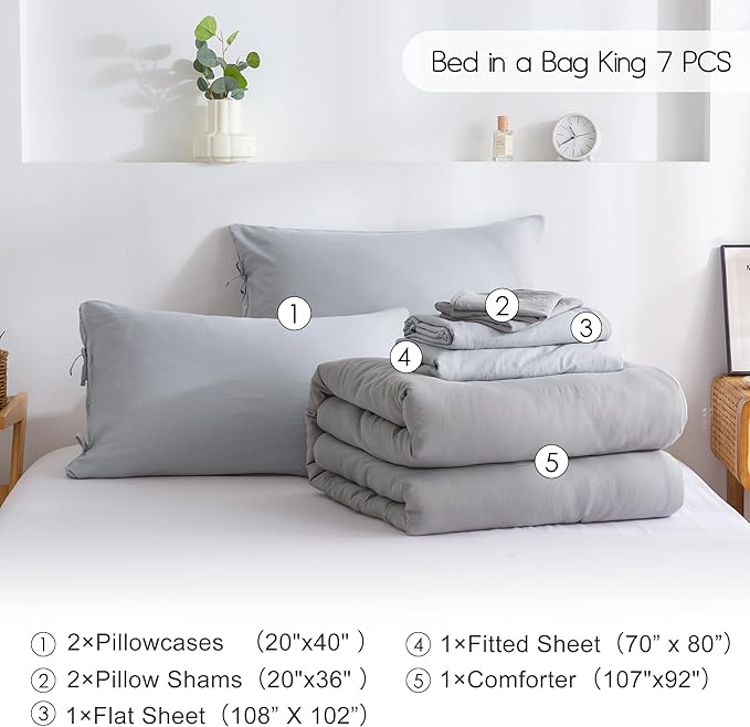 COTTEBED Super Soft King Size Comforter Set with Sheets - 7 Pieces King Bed in A Bag Modern Farmhouse Solid Polycotton Dark Gray Conforter and Light Grey Bedding Sheet Set Pillow Shams All Season Use