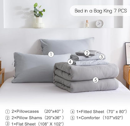 COTTEBED Super Soft King Size Comforter Set with Sheets - 7 Pieces King Bed in A Bag Modern Farmhouse Solid Polycotton Dark Gray Conforter and Light Grey Bedding Sheet Set Pillow Shams All Season Use