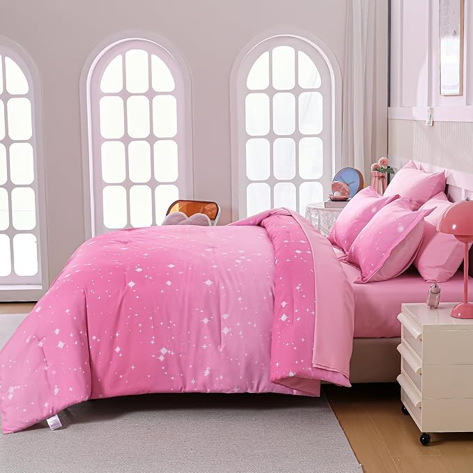 Drucon Pink Glitter Comforter Set Queen Size for Teen Girls, Ombre Galaxy Bedding Set 7 Pieces Bed in A Bag (1 Comforter, 1 Flat Sheet, 1 Fitted Sheet, 2 Pillow Shams, 2 Pillowcases)