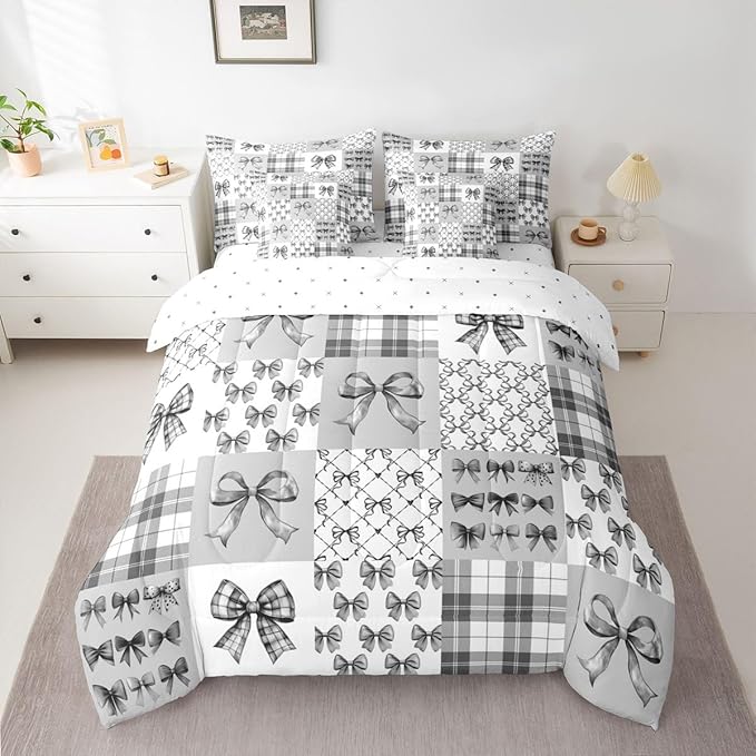 Feelyou Gray Bow Full Comforter Set with Sheets for Kids Boys Girls Princess Bow 7 Pieces Bedding Set Cute Bowknot Bed in a Bag Kawaii Room Decor Soft Lightweight Microfiber
