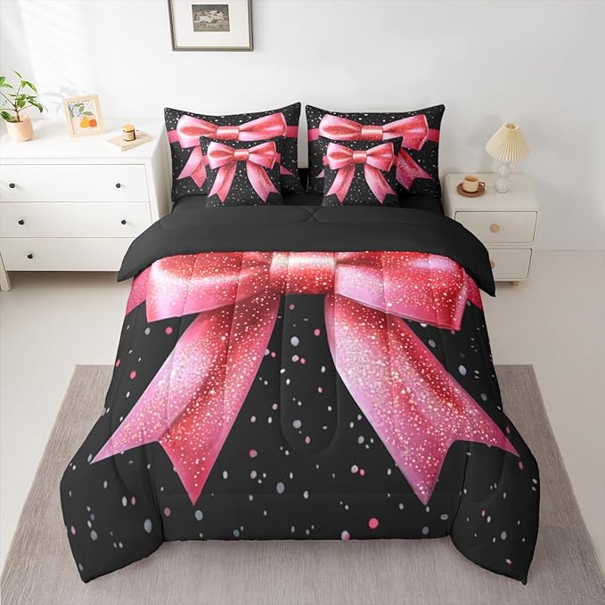 Erosebridal Bowknot 3D Black Pink Glitter Print King 7-Piece Comforter Set | Kawaii Cute Bow Sheets and Pillowcases Girly Kids Dreamy Ribbon Bed in A Bag Adults Women Bed Sets