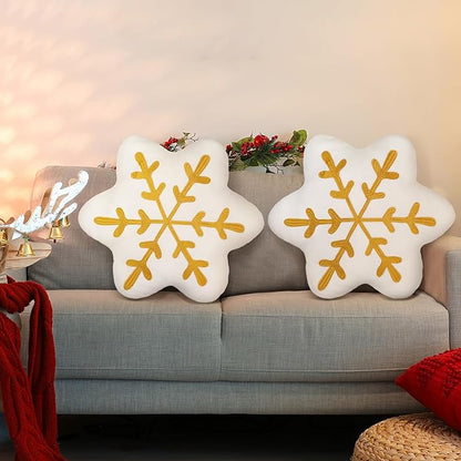 Soaoo 2 Pcs Snowflake Pillow Winter Throw Pillows Decorative Sherpa White Snowflake Shaped Cushion for Winter Home Decor Couch Sofa Bedroom Decoration(Gold)