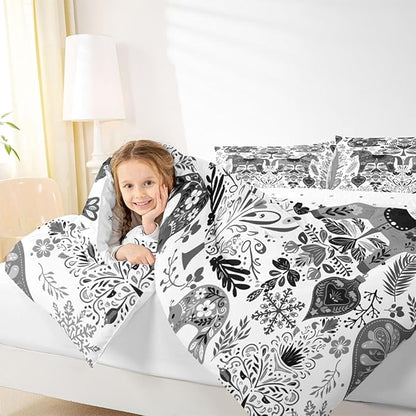 Rustic Horse Comforter Set Twin Size,Boho Floral Bird Squirrel Bedding Sets 2Pcs for Kids Girls Boys Women Room Decor,Xmas Bells Snowflake Quilted Duvet Swedish Dala Horses Down Comforter,1 Pillowcase