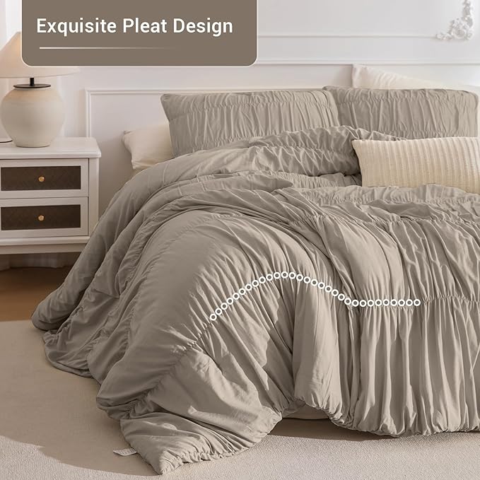 Lady Ann King Bed Comforter Set 104"*90 - Linen Feel Ruched Boho Bedding Comforter Set for Bedroom, 3 Piece Fluffy Bedroom Set with Pillow Shams Ultra Soft All Season Bed Sets for Women Men