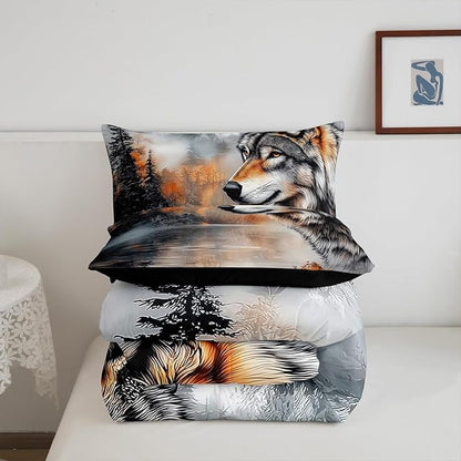 Erosebridal Wolf Toddler Bedding Set,Hunting Wolf Comforter Set for Kids Boys Girls Bedroom Decor,Wild Animal Safari Quilt Set Rustic Mountain Lake Bedding Comforter Sets,1 Pillowcase