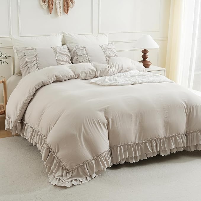 Herside Beige Boho Comforter Queen Size,Shabby Chic Ruffle Bedding Set,2 Layers Ruffles Fluffy Vintage Comforter Home Decor,Farmhouse 3 Pcs Microfiber Lightweight Quilt Set for Women Girls
