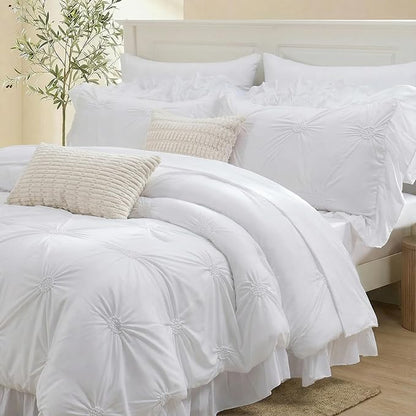 Bedbay White Ruffle Comforter Set Queen Size Boho Comforter Ruched Bedding 9 Pcs Queen Bed in a Bag Pintuck Pinch Pleat Bedding Set Elegant Ruffle Farmhouse Bed Set for All Seasons