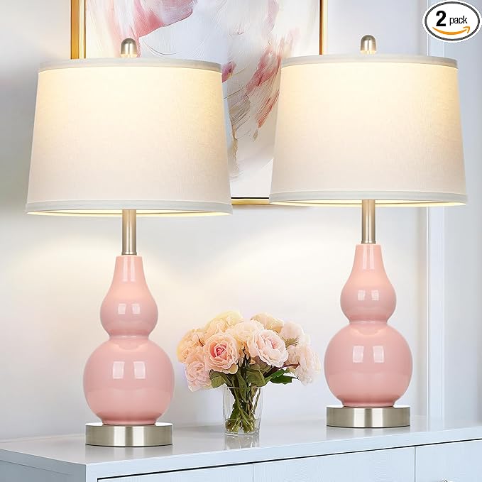 Pink Ceramic Lamps Set of 2, 25" Modern Double Gourd Ceramic Table Lamps for Living Room, Cute Bedside Nightstand Lamps with Fabric Shade for Bedroom End Table Home Office Girls Room(2 Bulbs Included)