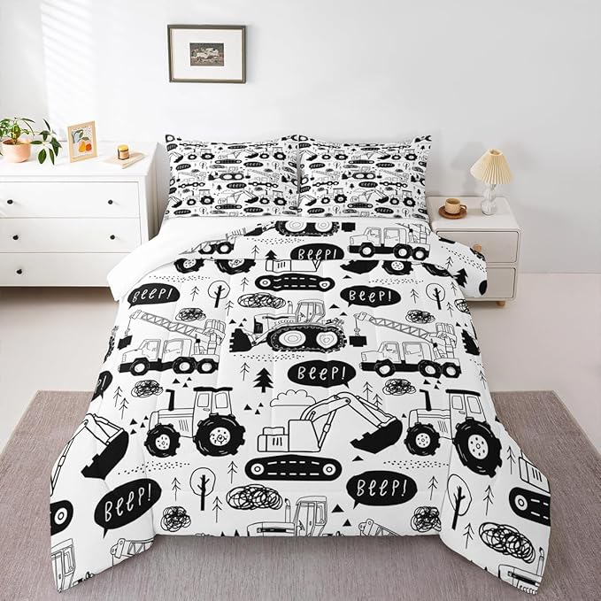 Cartoon Cars Kids Comforter Set King Size,Tractor Truck Excavator Toddler Bedding Set,Girls Boys Adults Room Decor,Construction Vehicles Down Comforter,Black White Chic Duvet Insert,2 Pillowcases