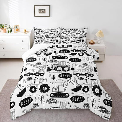 Cartoon Cars Kids Comforter Set King Size,Tractor Truck Excavator Toddler Bedding Set,Girls Boys Adults Room Decor,Construction Vehicles Down Comforter,Black White Chic Duvet Insert,2 Pillowcases
