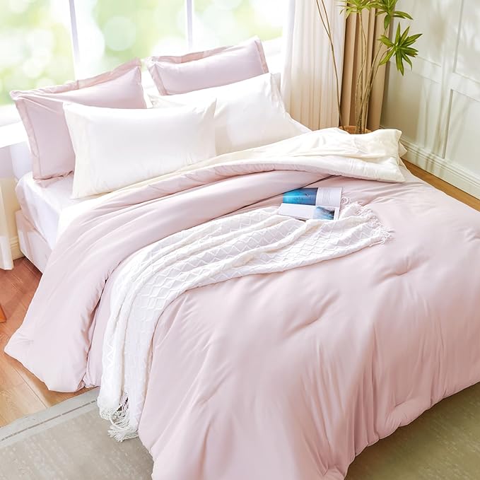 Pink Comforter Set Queen, Pink and White Bedding Set Reversible, 7 Pieces Soft Bed in a Bag Queen with Comforter, Sheets, Pillowcases & Shams, All Seasons Boho Queen Bed Set