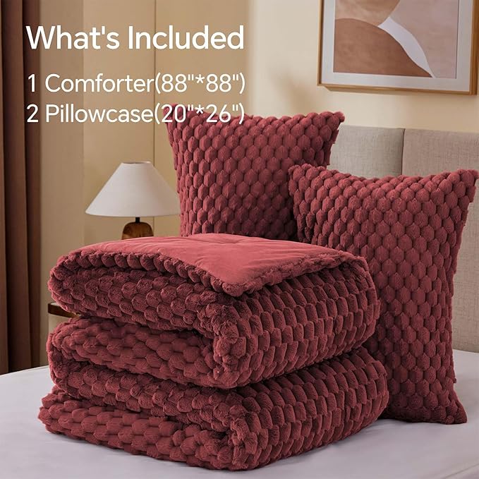 BEDELITE Fluffy Queen Comforter Set - Burgundy Fleece Soft Comforter for Queen Size Bed, Luxury Warm Bedding Set for Winter, Fuzzy Bed Set 3 Pieces (1 Comforter, 2 Pillowcases)
