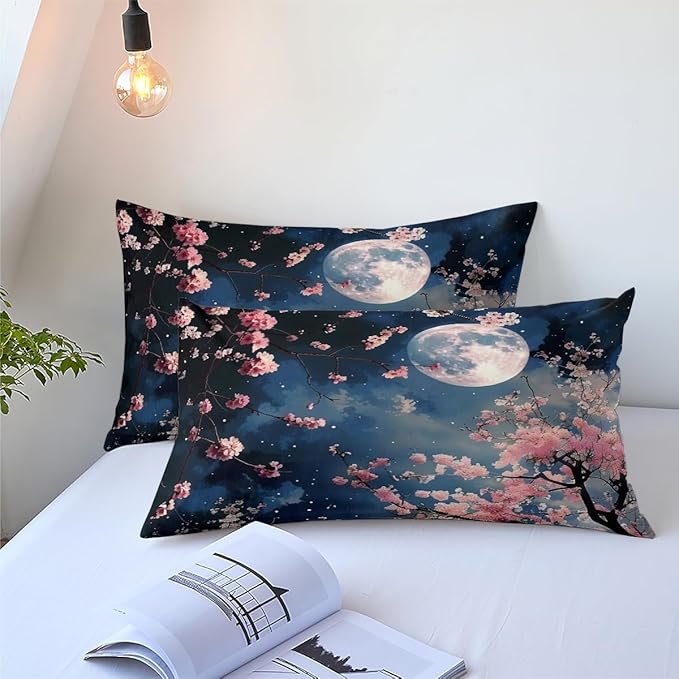 Cherry Blossom Bedding Sets Queen Size, Japanese Floral Themed Comforter for Women, Black and Pink 3 Pcs Warm Microfiber Quilt Set with 2 Pillowcases, 90 ''x90''