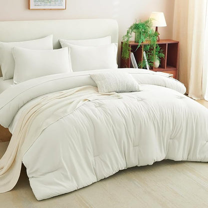 CozyLux Queen Comforter Set Ivory, 7 Pieces Bed in a Bag Queen Size Comforter Set with Sheets, Bedding Sets with Down Alternative Comforter, Fitted Sheets, Flat Sheets, Pillow Shams and Pillowcases