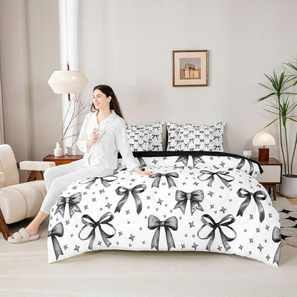 Erosebridal Bow Girls Cute Black Full Comforter Set 7 Pieces | Starry Bed in A Bag for Bedroom Bowknot Kawaii Bedding Set with Comforters Princess Room Decor