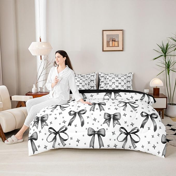 Erosebridal Bow Girls Cute Black 7 Piece Bedding Set Twin | Starry Comforter Set with Sheets Bowknot Kawaii Bed in A Bag Princess Bed Sets