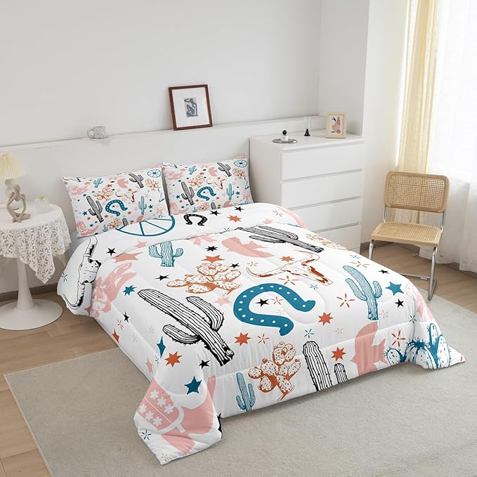 Feelyou Pink Western Aztec Bedding Set Kids Wild Cowboy Comforter Set King Size Horseshoes Cactus Bull Skull Boots Boho Rustic Duvet Quilt for Women Men Room Decor Soft with 2 Pillow Case 3Pcs