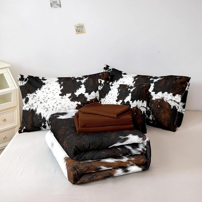 MUGINYU Brown Cowhide Comforter Set Full, 7 Pieces Bed in a Bag Black White Cow Skin Print Western Farmhouse Animal Fur Bedding Set