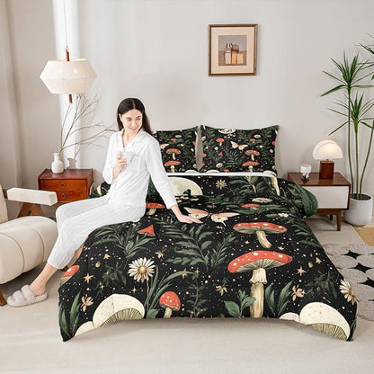 Erosebridal Red Mushroom Bedding Set Full for Kids, Gothic Moth Comforter Set Butterfly Vintage Plants Boho Floral Comforter for Boys Girls Teens Women Men, Moon and Starry Star Black Quilt