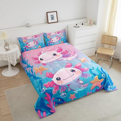 Kids Kawaii Axolotl Kids Comforter Set King Size,Pink Cute Animal Ocean Sealife Reversible Quilted Duvet with 2 Pillowcases Lovely Cartoon Blue Sea Coral Down Comforter for Boys Teens Bedroom