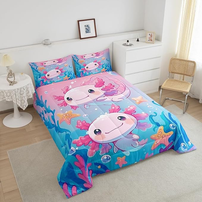 Kids Kawaii Axolotl Bedding Sets Full Size,Pink Cute Animal Ocean Sealife Reversible Comforter Set Breathable Polyester Quilt Set,Lovely Cartoon Blue Sea Coral Duvet Insert,2 Pillowcases