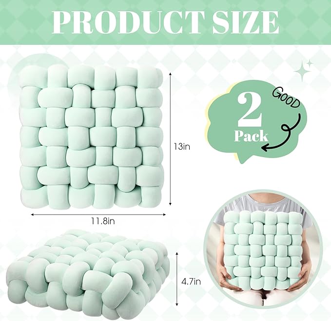 Wenqik 2 Pcs Knot Pillows Square Knotted Plush Throws Soft Accent Pillows Decoration Cushion for Couch Home Office Living Room Bedroom Bed Sofa Decor, 12'' x 13''(Light Green,Crystal Velvet)