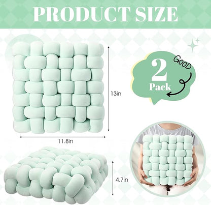 Wenqik 2 Pcs Knot Pillows Square Knotted Plush Throws Soft Accent Pillows Decoration Cushion for Couch Home Office Living Room Bedroom Bed Sofa Decor, 12'' x 13''(Light Green,Crystal Velvet)