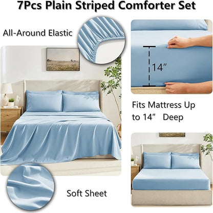 CozyLux Full Size Comforter Set Baby Blue, 7 Pieces Bed in a Bag, Blue Comforter Full Size, All Season Bedding Sets with Stitch Quilted Comforter, Flat Sheet, Fitted Sheet, Pillowcases